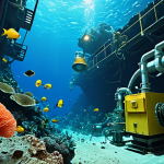 **

A vibrant underwater scene depicting deep-sea mining operations. Focus on the contrast between the industrial machinery (robotic miners, pipes) and the delicate marine life (coral, deep-sea fish, sponges). Show a sense of environmental concern, maybe with a slightly murky water effect to hint at pollution. Include Urdu text overlayed: "Samandari Kan Kani: Maeeshat ya Muhasebat?" (Deep Sea Mining: Economy or Accountability?) Use realistic rendering style.

**