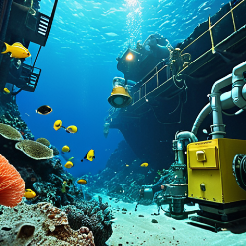 Home 15 **
A vibrant underwater scene depicting deep-sea mining operations. Focus on the contrast between the industrial machinery (robotic miners, pipes) and the delicate marine life (coral, deep-sea fish, sponges). Show a sense of environmental concern, maybe with a slightly murky water effect to hint at pollution. Include Urdu text overlayed: "Samandari Kan Kani: Maeeshat ya Muhasebat?" (Deep Sea Mining: Economy or Accountability?) Use realistic rendering style.
**
