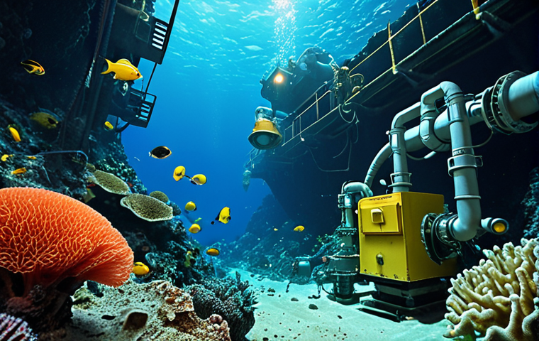**

A vibrant underwater scene depicting deep-sea mining operations. Focus on the contrast between the industrial machinery (robotic miners, pipes) and the delicate marine life (coral, deep-sea fish, sponges). Show a sense of environmental concern, maybe with a slightly murky water effect to hint at pollution. Include Urdu text overlayed: "Samandari Kan Kani: Maeeshat ya Muhasebat?" (Deep Sea Mining: Economy or Accountability?) Use realistic rendering style.

**