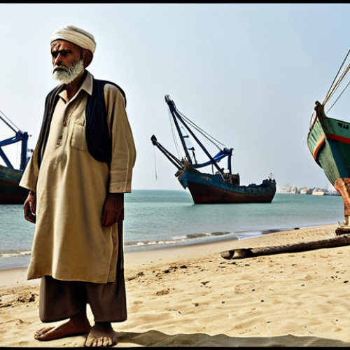 Home 14 **Prompt 1: Conflict of Livelihoods**
"A realistic and poignant image of an elderly Pakistani fisherman, wearing traditional clothing, standing on a sandy beach beside his small, rustic fishing boat. His expression is weary and concerned as he gazes towards the horizon. In the background, clearly visible, are large, imposing structures of modern marine development: towering cranes of a commercial port, vast cargo ships, or an offshore industrial platform. The scene captures the stark contrast and the challenges faced by traditional coastal communities due to large-scale development. Muted, realistic colors, high detail, emphasizing the human element and the encroaching modernity."