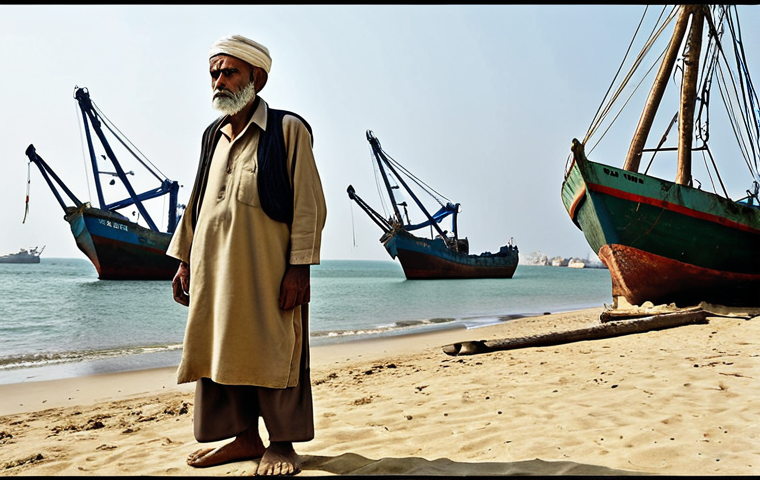 **Prompt 1: Conflict of Livelihoods**
    "A realistic and poignant image of an elderly Pakistani fisherman, wearing traditional clothing, standing on a sandy beach beside his small, rustic fishing boat. His expression is weary and concerned as he gazes towards the horizon. In the background, clearly visible, are large, imposing structures of modern marine development: towering cranes of a commercial port, vast cargo ships, or an offshore industrial platform. The scene captures the stark contrast and the challenges faced by traditional coastal communities due to large-scale development. Muted, realistic colors, high detail, emphasizing the human element and the encroaching modernity."