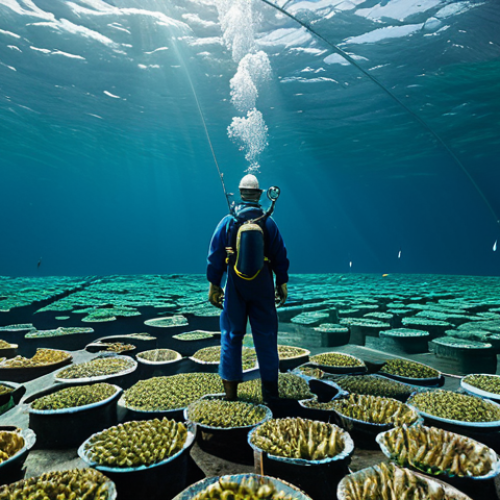 Home 7 Sustainable Aquaculture**
"A professional marine biologist in appropriate field attire, inspecting a thriving underwater aquaculture farm with diverse species of fish and shellfish, fully clothed, safe for work, perfect anatomy, correct proportions, natural pose, underwater photography, high quality, family-friendly."
**