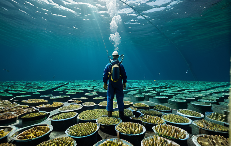 Sustainable Aquaculture**

"A professional marine biologist in appropriate field attire, inspecting a thriving underwater aquaculture farm with diverse species of fish and shellfish, fully clothed, safe for work, perfect anatomy, correct proportions, natural pose, underwater photography, high quality, family-friendly."

**