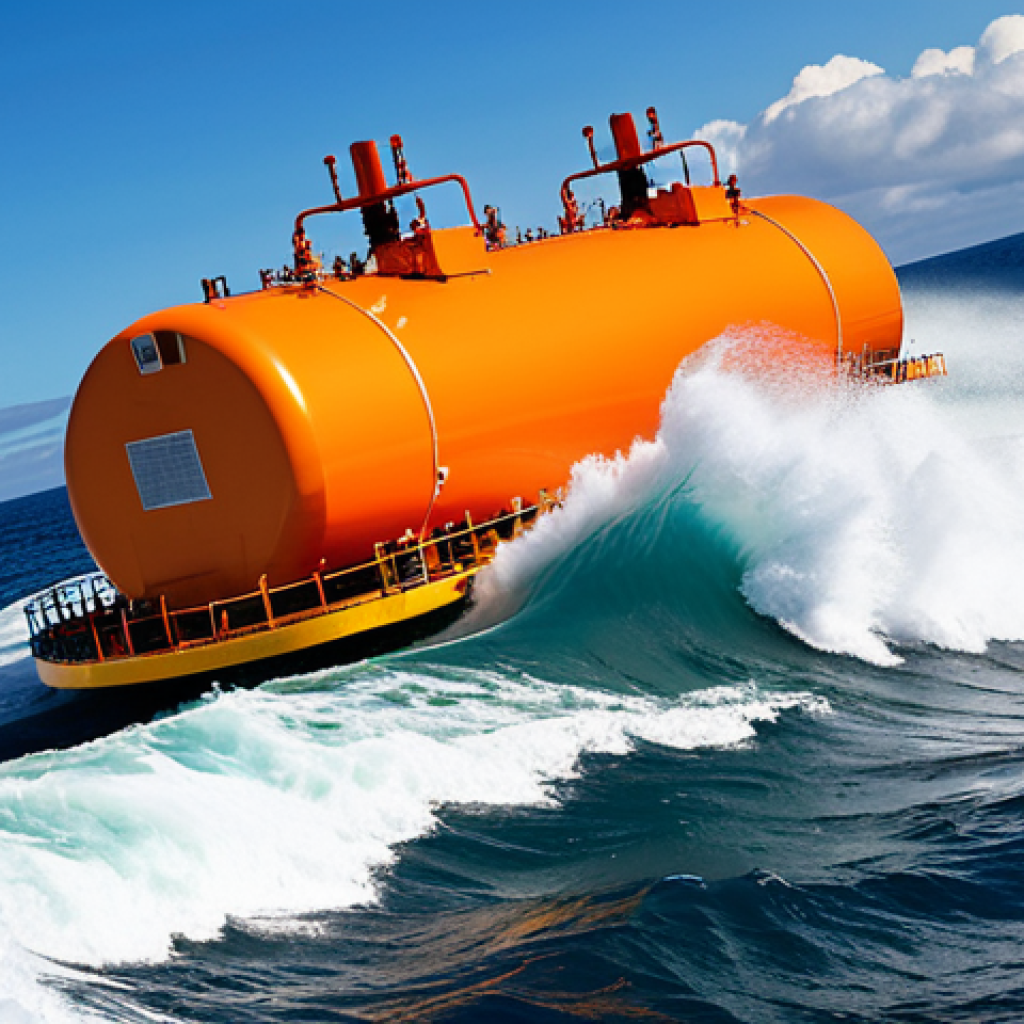 해양에너지 관련 기술 - **

A large wave energy converter, fully deployed at sea, generating clean electricity. The device i...