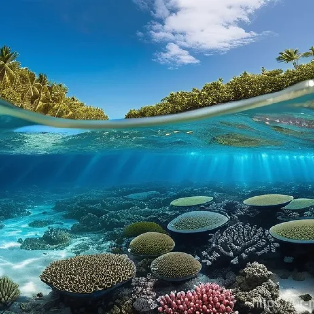 해양자원 개발 환경 영향 - **Prompt: The Ocean's Dual Nature: Pristine Beauty and Subtle Threat**
"An image split horizonta...