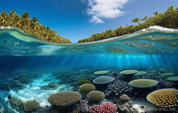 해양자원 개발 환경 영향 - **Prompt: The Ocean's Dual Nature: Pristine Beauty and Subtle Threat**
"An image split horizonta...