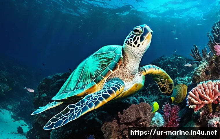해양자원 개발의 위험 요소 - **Prompt 1: The Silent Burden of the Ocean**
A serene underwater scene depicting a vibrant coral...