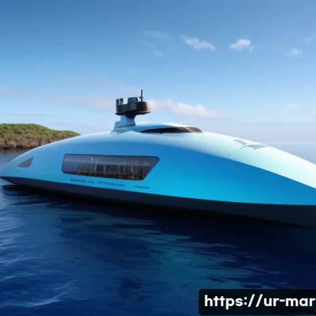 해양 환경 보호 기술 - **Prompt:** "A futuristic, eco-friendly research vessel with a sleek, minimalist design, gently hove...
