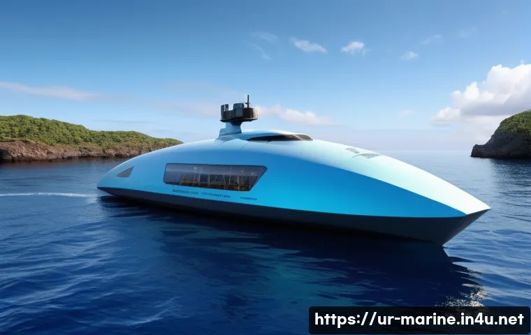 해양 환경 보호 기술 - **Prompt:** "A futuristic, eco-friendly research vessel with a sleek, minimalist design, gently hove...