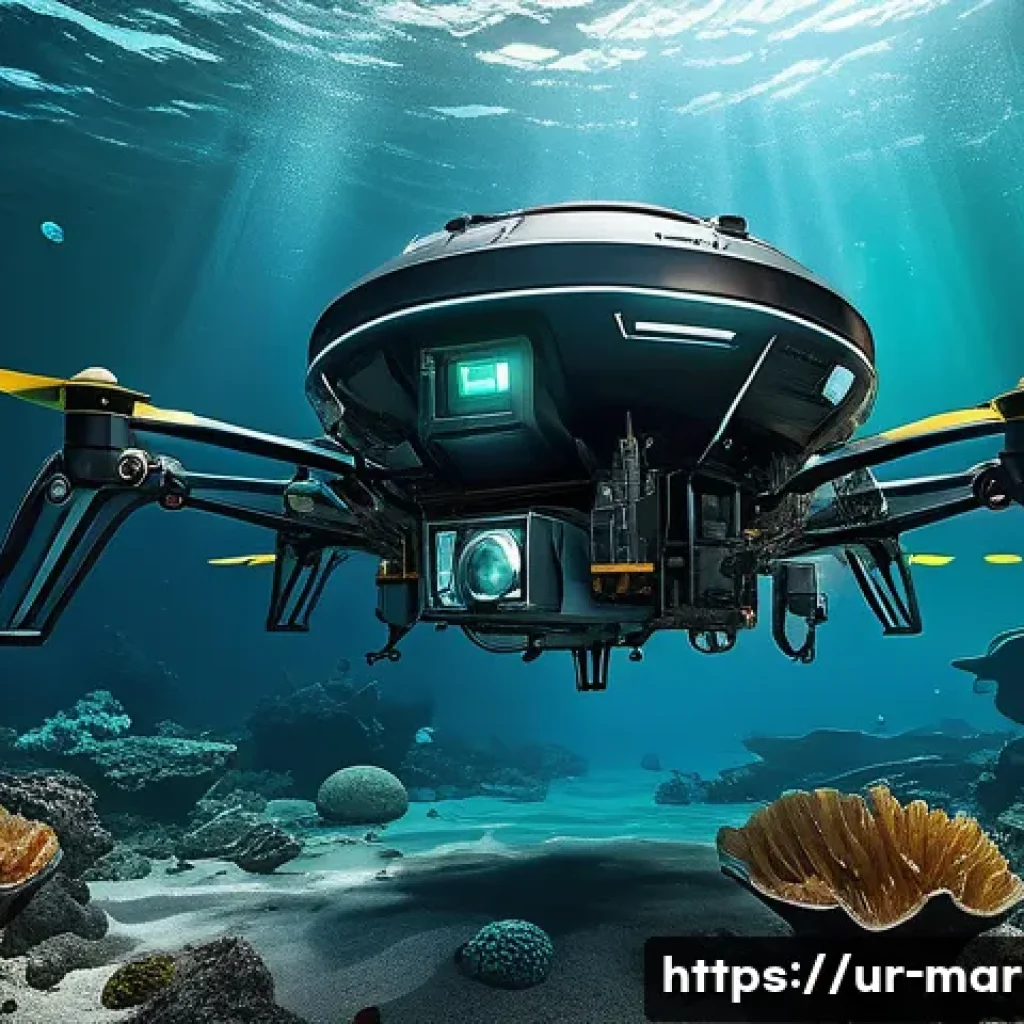 심해광물 자원의 경제적 가치 - A futuristic underwater scene depicting a highly advanced robotic drone exploring the deep ocean flo...