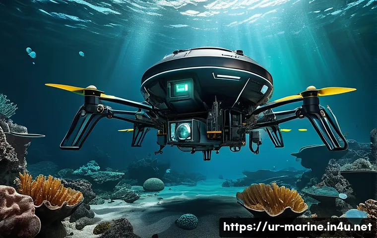 심해광물 자원의 경제적 가치 - A futuristic underwater scene depicting a highly advanced robotic drone exploring the deep ocean flo...