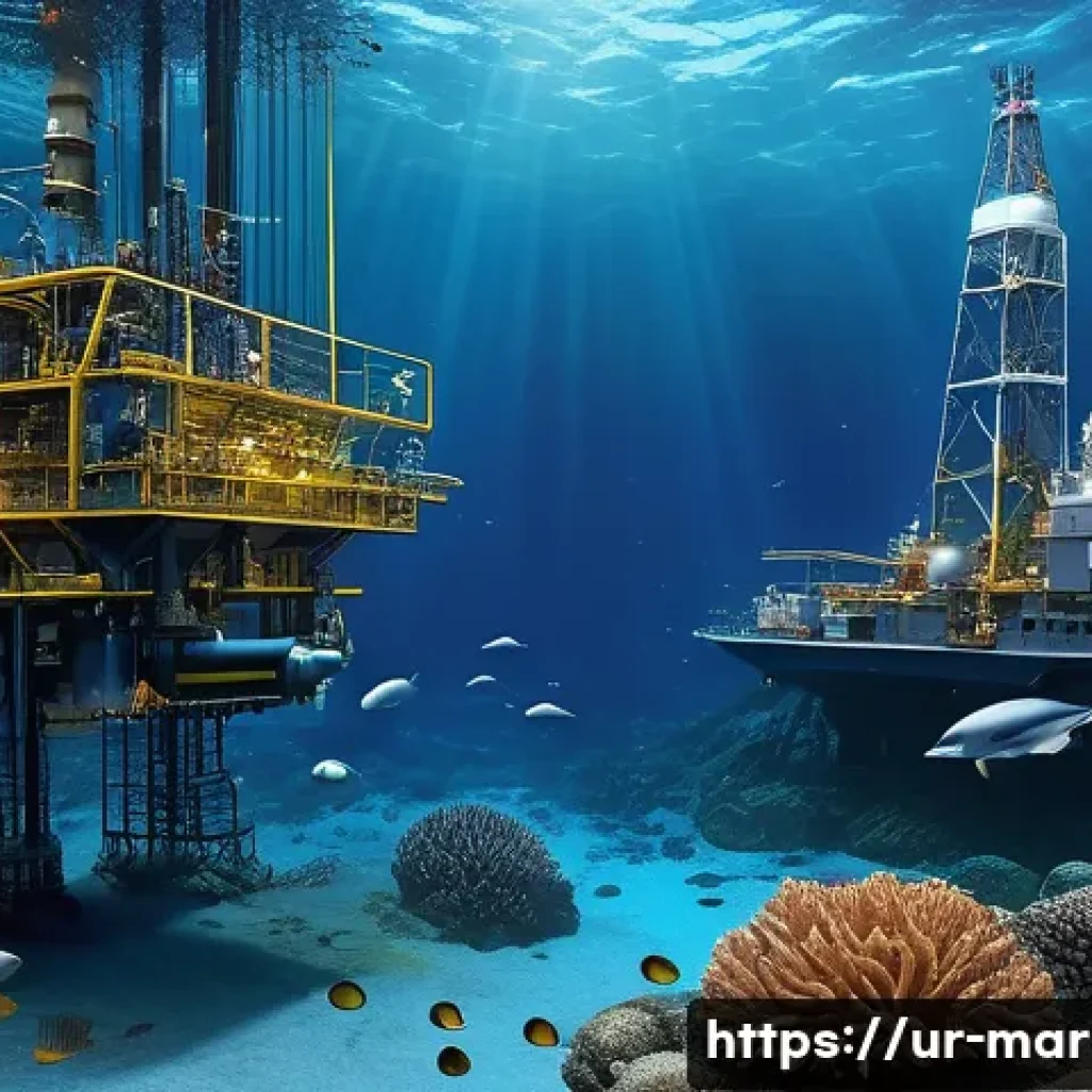 심해가스 시추 기술 - An advanced underwater exploration scene showing a high-tech robotic drilling rig operating on the o...