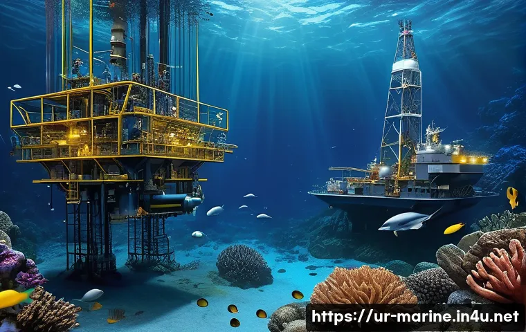 심해가스 시추 기술 - An advanced underwater exploration scene showing a high-tech robotic drilling rig operating on the o...
