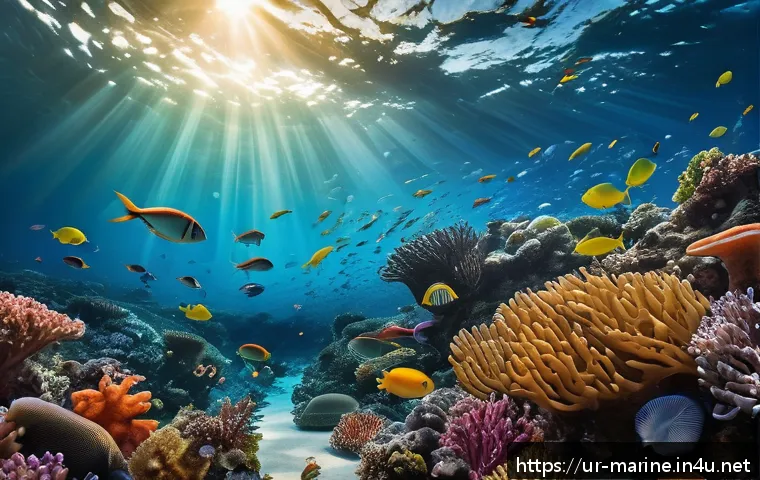 해양바이오자원 - A vibrant underwater scene featuring a variety of marine life such as colorful fish, squid, and seaw...