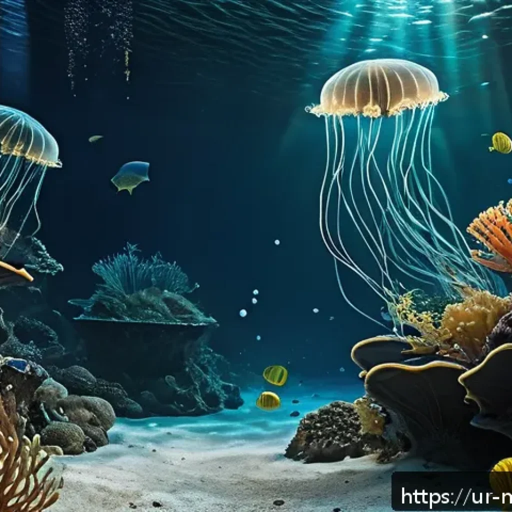 심해의 생태계와 자원 개발 - A mesmerizing deep-sea scene showcasing diverse bioluminescent marine creatures glowing softly in th...