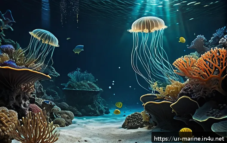 심해의 생태계와 자원 개발 - A mesmerizing deep-sea scene showcasing diverse bioluminescent marine creatures glowing softly in th...