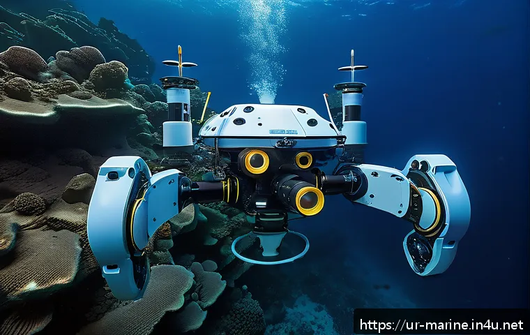 해양자원 개발의 최신 연구 동향 - A highly detailed underwater scene showcasing advanced marine robotics in action: autonomous underwa...