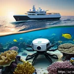 Home 19 해양자원 개발의 민간 기업 참여 - A modern marine exploration scene featuring private sector technology: an underwater drone robot equ...