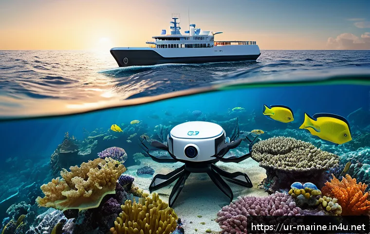 해양자원 개발의 민간 기업 참여 - A modern marine exploration scene featuring private sector technology: an underwater drone robot equ...