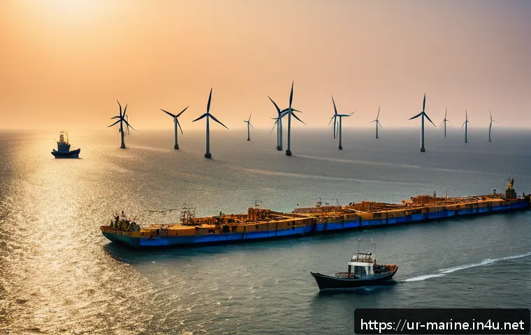해양풍력 발전과 탄소 배출 - A panoramic view of a modern offshore wind farm located in the Arabian Sea near Karachi, Pakistan, f...