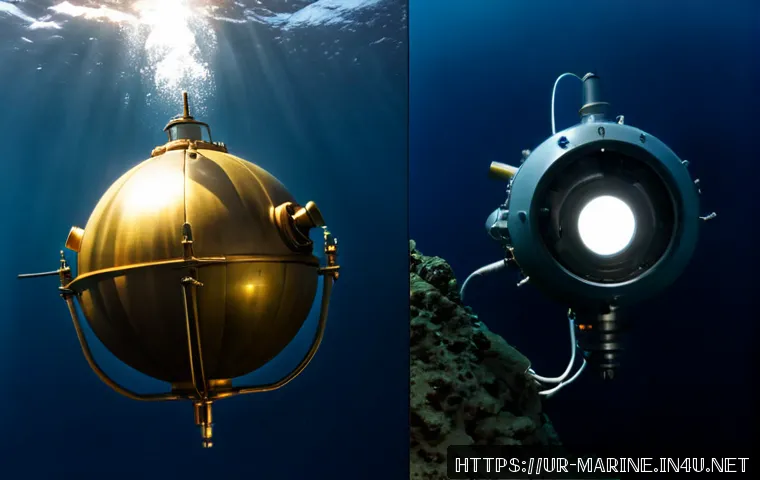 Home 13 심해 탐사 장비의 발전 - Photorealistic split-era comparison of deep-sea exploration equipment: an early brass-and-steel bath...