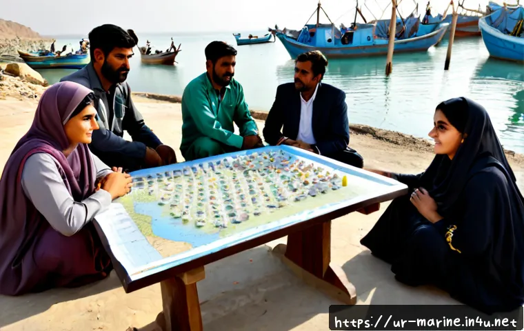 Home 15 해양자원 개발의 사회적 책임 - Photorealistic coastal community consultation in Gwadar, Pakistan, showing a diverse group of Pakist...