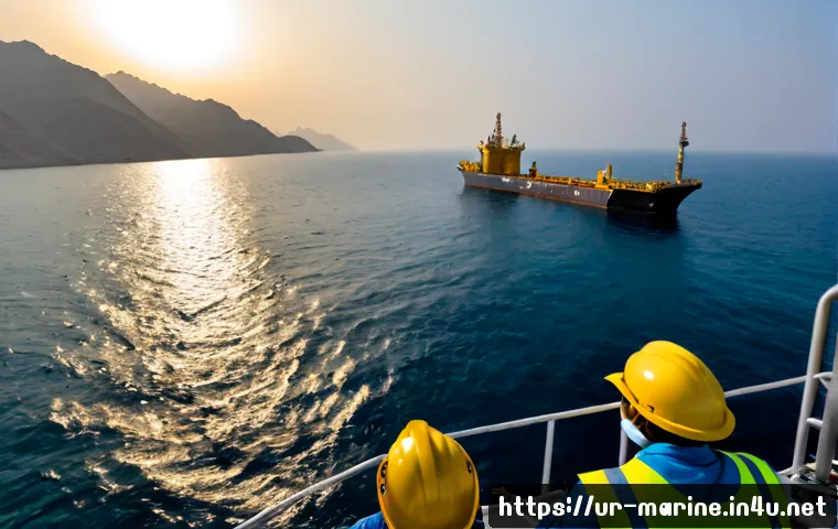 Home 15 해양자원 개발 규제 - Photorealistic wide-angle view of a modern offshore wind and natural gas platform near the Arabian S...